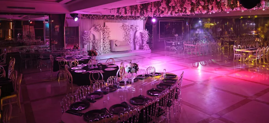 Dance floor lit in pink